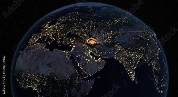 Fototapeta Global Connectivity: A Nighttime View of Earth Showcasing International Networks Centered in Turkey