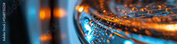 Fototapeta Water Droplets on Glass Surface with Orange and Blue Lighting