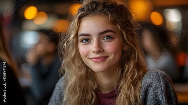 Fototapeta Young woman smiling, cafe setting, bokeh background