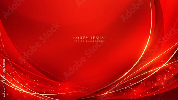 Fototapeta Elegant abstract red background with golden curves, flowing waves, glitter, and light trails effect