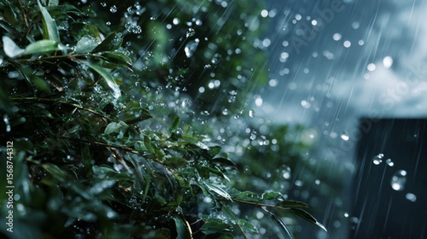 Fototapeta 激しい雨、スコールで木々に叩きつける雨粒