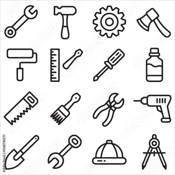 Fototapeta Assorted Tool Icons Representing Construction Repair and Building including Wrench Hammer Saw Compass and Drill Tools for Repairing and Building