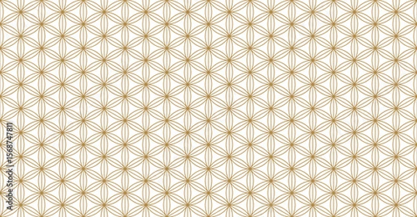 Obraz seamless pattern of interconnected circles forming a geometric "Flower of Life" motif in elegant gold lines on a pristine white background. Perfect for spiritual, luxurious, or decorative designs.