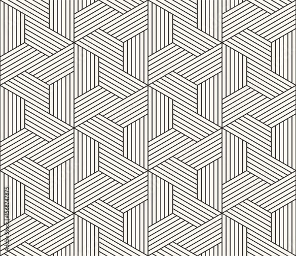 Obraz Monochrome seamless intricate geometric pattern background composed of hatched hexagons, creating a dynamic optical illusion of three-dimensional cubes vector illustration.
