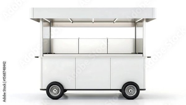 Fototapeta 3D template street vending cart design concept A minimalistic white food cart with an open serving area on wheels.