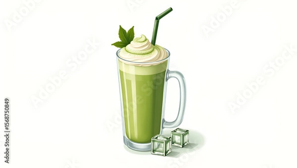 Obraz Green Iced Matcha Latte Beverage Vector Illustration with Ice Cubes on White Background