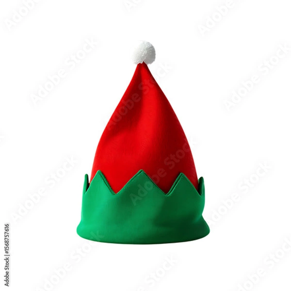 Fototapeta A classic red and green elf hat with a soft pompom, a fun and festive Christmas holiday costume accessory, isolated.
