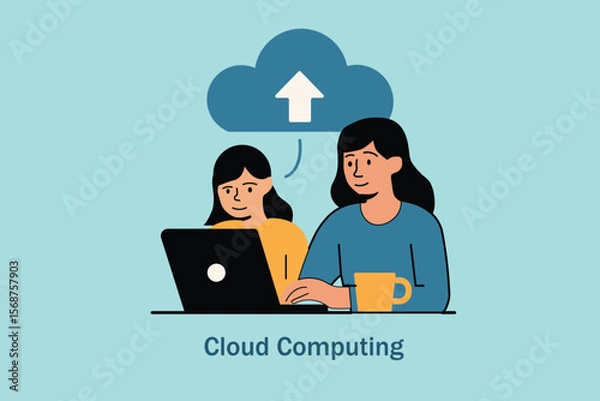 Fototapeta Flat illustration of a woman and child using a laptop with a cloud upload icon. Represents cloud computing, data sharing, digital learning, and online collaboration.