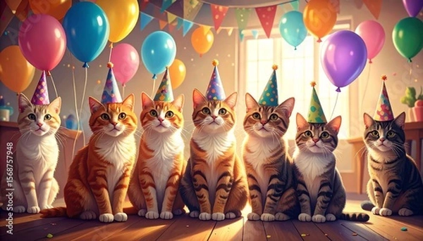 Obraz Row of kittens at birthday celebration