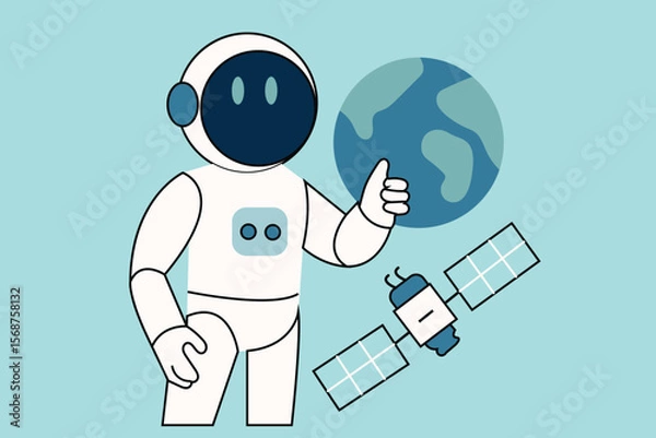 Fototapeta Futuristic robot astronaut alongside Earth and a satellite, symbolizing advanced space exploration and global communication technology.