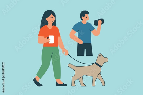 Fototapeta Modern flat design of a couple enjoying morning routine including dog walking coffee drinking and outdoor exercise promoting wellness fitness and healthy living