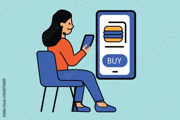 Fototapeta Woman comfortably ordering food online using a mobile application, showcasing the ease of digital shopping and convenient delivery.