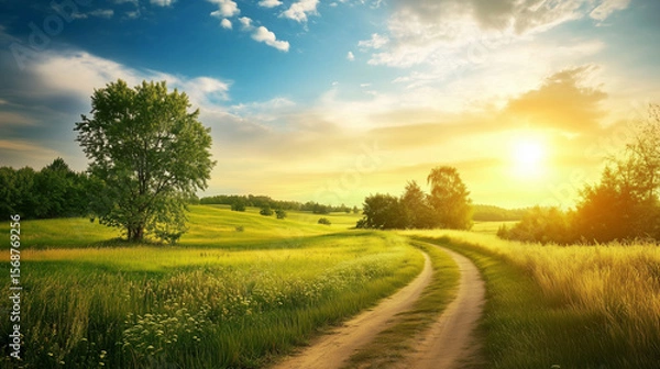 Fototapeta green field and blue sky. field and clouds