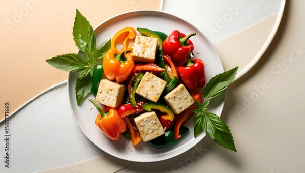 Obraz Stir Fried Sesame Tofu with Colorful Peppers and Basil Served on a Clean White Plate

