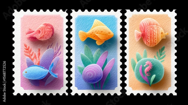 Fototapeta Beautiful stamp cutout set featuring whimsical fish collection in pastel aquarium scene against black background