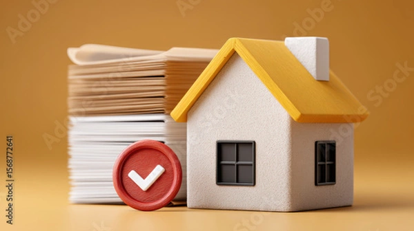 Obraz House model shows property approval for loan. mortgage document explains equity and amortization schedule
