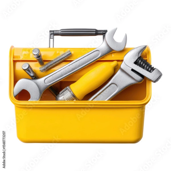 Fototapeta Yellow toolbox holding essential tools for housekeepers ensuring routine maintenance. kit offering preparedness for various repair job needs and project work requiring mechanical skill