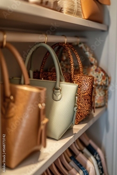 Fototapeta In a corner of the wardrobe, several handbags are neatly arranged