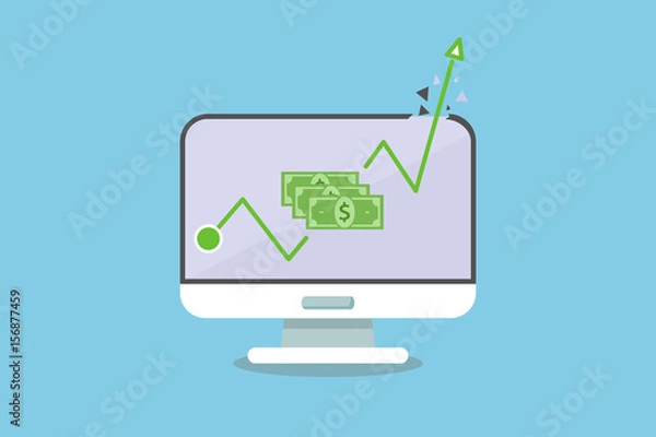 Fototapeta money graph computer. Green Growth up money from business with computer laptop pc mac. vector eps10 flat design for slide or advertising.