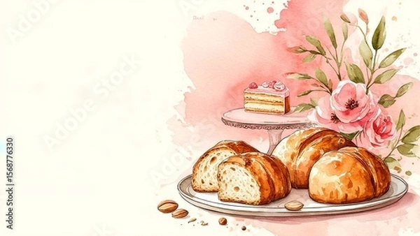 Obraz White blank space with cakes and flowers 