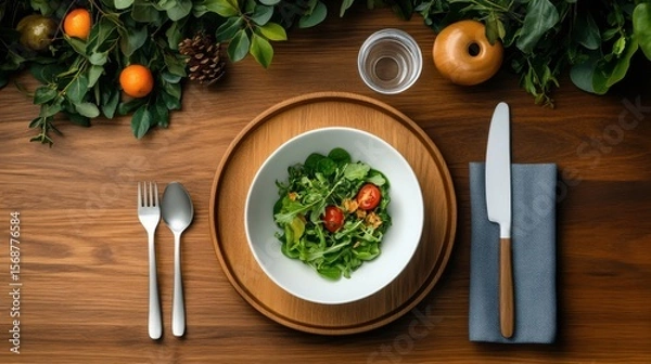 Fototapeta Healthy meal with soup and salad is beautifully arranged on a vintage wooden table, next to fresh greenery and fruit for a delicious, nutritious lunch experience.