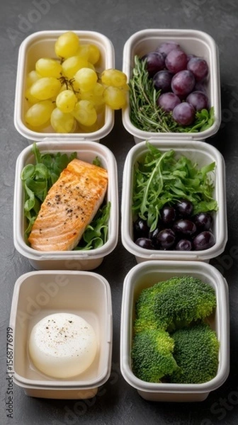 Fototapeta Healthy meal prep containers with grapes, salmon, arugula, mozzarella, and broccoli arranged for portion control and nutritious eating on a dark surface.