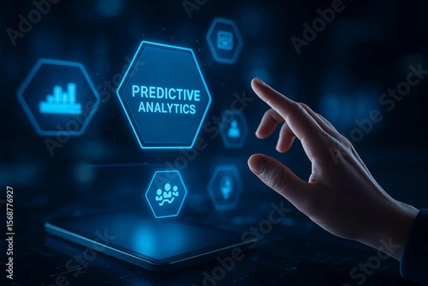 Fototapeta AI generated hand reaching toward glowing predictive analytics interface with holographic icons showing data intelligence and forecasting tools in futuristic business environment