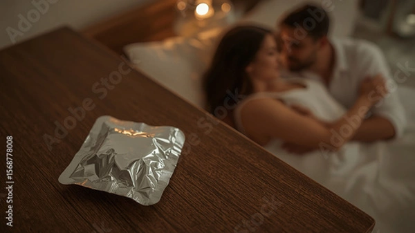 Fototapeta Intimate Moment: A close-up shot of a condom packet on a bedside table, with a blurred background of a couple embracing in bed, suggesting intimacy and safe sex practices.