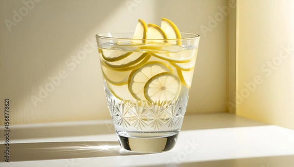 Obraz Refreshing Lemon Water in a Glass with Floating Lemon Slices

