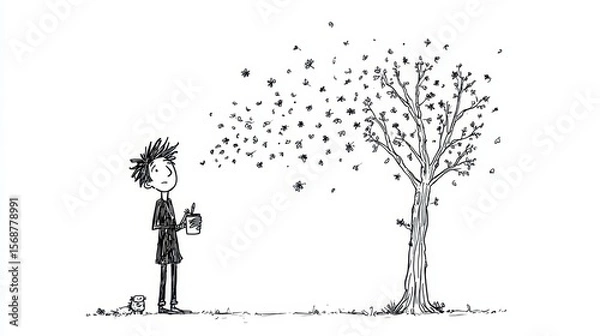 Fototapeta A person standing and observing leaves falling from a tree.