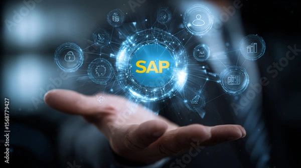 Fototapeta SAP Software Solutions, Business Applications, and Technology with Hand Holding Digital Interface
