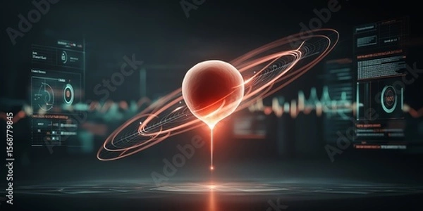 Obraz Gene Editing concept. Futuristic digital planet with rings and data overlays.