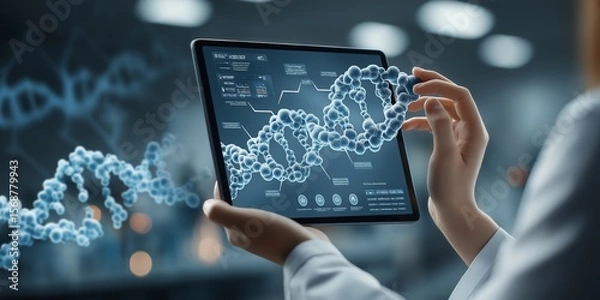 Obraz Gene Editing concept. Digital analysis of DNA on a tablet screen.