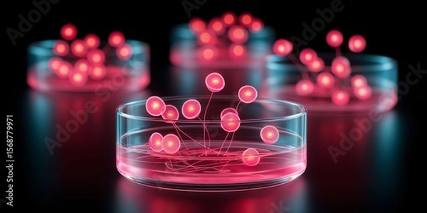 Obraz Gene Editing concept. Scientific petri dishes with glowing microbial cultures.
