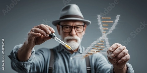 Obraz Gene Editing concept. Scientist manipulating DNA model with pipette in studio setting.