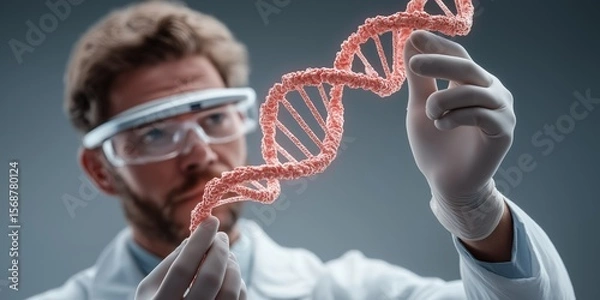 Obraz Gene Editing concept. Scientist examining DNA strand in a lab setting.