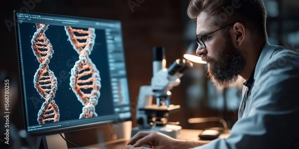 Obraz Gene Editing concept. Scientist analyzing DNA structure on a computer screen.