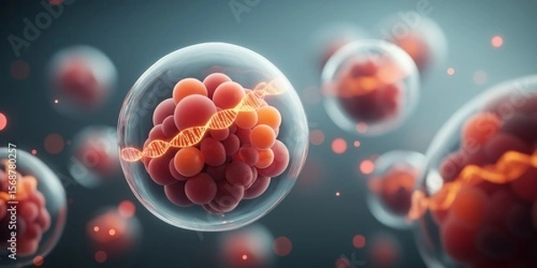 Obraz Gene Editing concept. Microscopic view of cells with DNA strands visible.