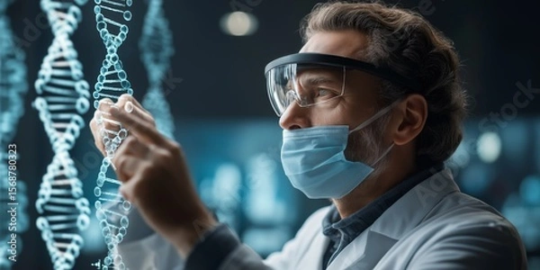 Obraz Gene Editing concept. Scientist examining DNA strands in a lab setting.