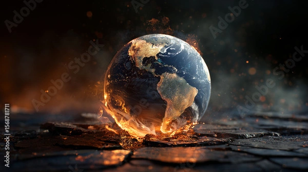 Fototapeta Flaming Globe of Earth in Destruction Concept