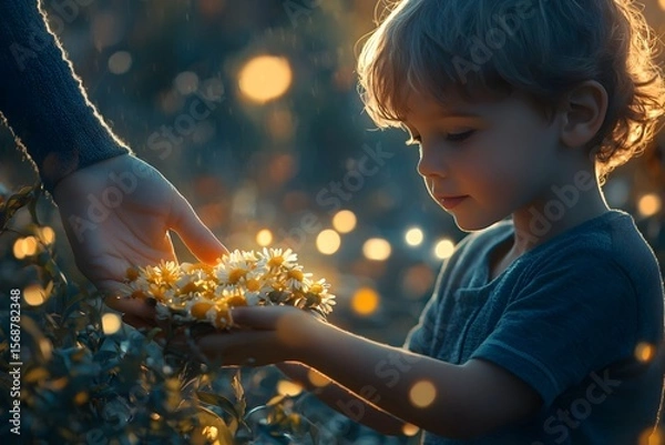 Fototapeta A child in a dreamy glowing atmosphere hands over flowers, with surrounding light spots like his reverence