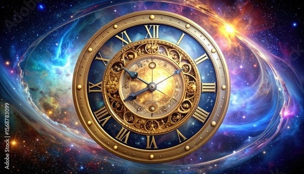 Obraz Celestial Clockwork: Ornate Antique Clock Against a Vibrant Nebula