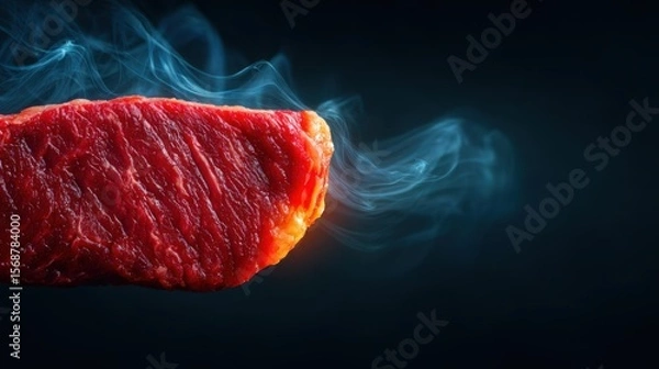 Fototapeta Closeup of tender steak steam culinary art in an intimate dark kitchen setting