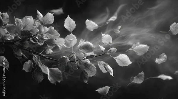 Fototapeta Leaves shaking intense in strong gust nature scene black and white close-up motion