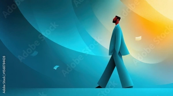 Fototapeta Digital art businessman walking with confidence in zero gravity abstract style
