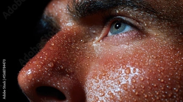 Fototapeta Sweat-drenched focus intense closeup human emotions studio environment dramatic viewpoint