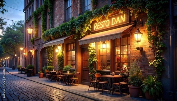 Obraz Charming Evening Restaurant Scene: Cobblestone Street, Warm Lighting, Ivy, "Resto Dan" Sign.