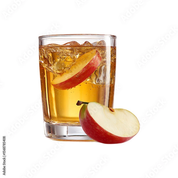 Fototapeta Refreshing golden apple juice with ice and fresh apple slices in a clear glass isolated on transparent background