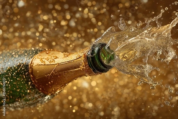 Fototapeta Champagne bottle exploding with golden bokeh background for new year's eve