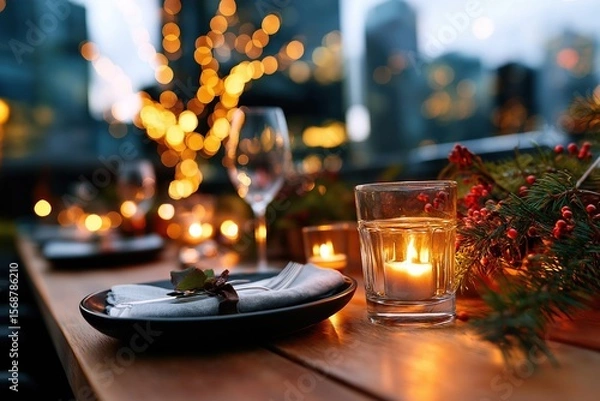 Fototapeta Christmas dinner table setting with candles and city lights in background